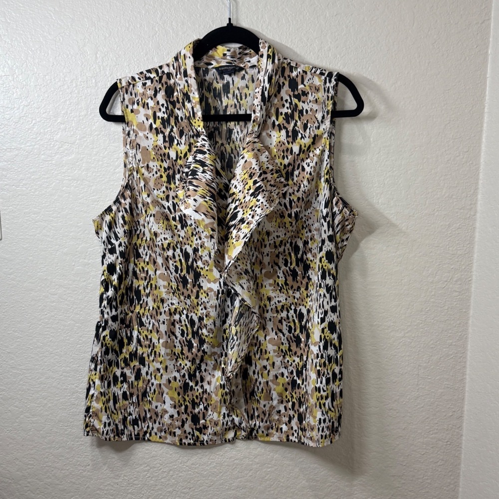 Banana Republic XL Sleeveless Ruffle Front Blouse Yellow Tan Animal Print Career
